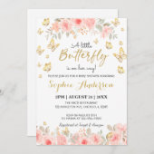 フローラバタフライ赤面ピンクローズ金ゴールドベビーシャワー 招待状 (正面/裏面)