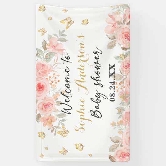 フローラバタフライ赤面ピンクローズ金ゴールドベビーシャワー 横断幕 (縦)