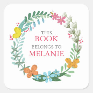 フローラバタフラカラフルイリース蔵書票シール スクエアシール