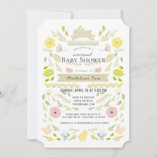フローラバニーの葉ピンクの仮想ベビーシャワー 招待状 (正面)