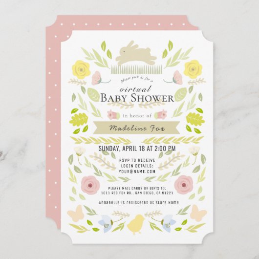 フローラバニーの葉ピンクの仮想ベビーシャワー 招待状 (正面/裏面)