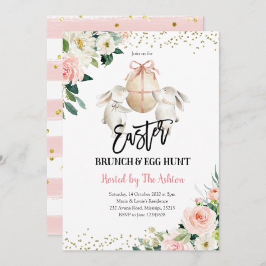 フローラバニーイースターブランチアンドエッグ狩り招待状 招待状 (正面/裏面)