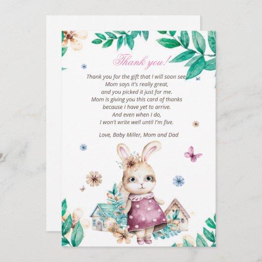 フローラバニーガールベビーシャワーサンキューカード サンキューカード (正面/裏面)