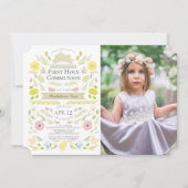 フローラバニーピンクの女の子の写真ファースト聖餐式 招待状 (正面)