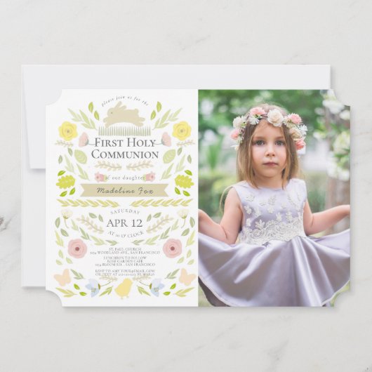 フローラバニーピンクの女の子の写真ファースト聖餐式 招待状 (正面)
