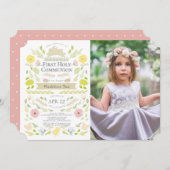 フローラバニーピンクの女の子の写真ファースト聖餐式 招待状 (正面/裏面)