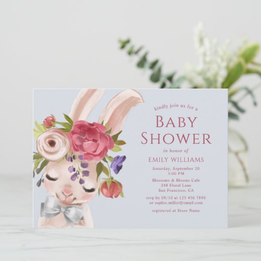 フローラバニーラビットウォーターカラーかわいい赤ちゃんシャワー 招待状 (スタンド正面)