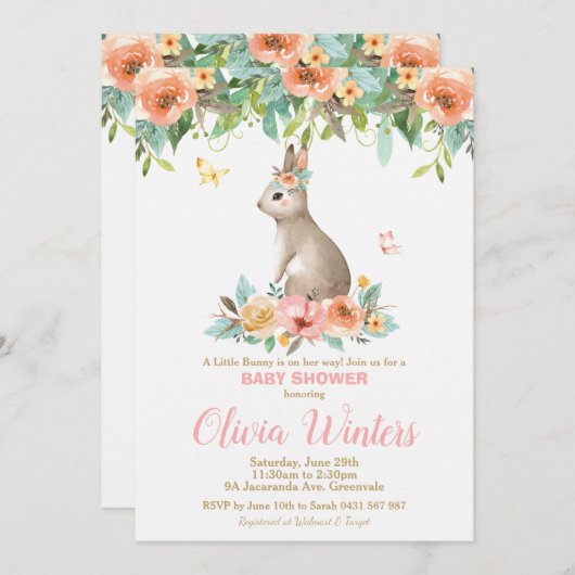 フローラバニーラビットベビーシャワーウッドランドベビーガール 招待状 (正面/裏面)