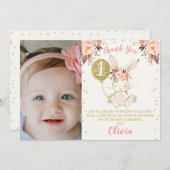 フローラバニー写真第1誕生日サンキューカード 招待状 (正面/裏面)