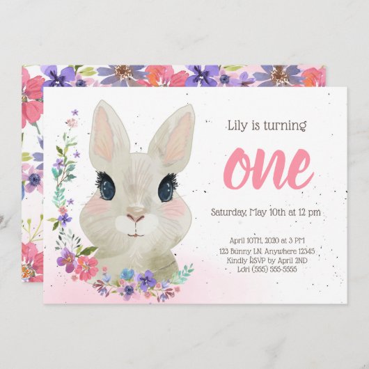 フローラバニー誕生日パーティーへの招待 |イースター 招待状 (正面/裏面)
