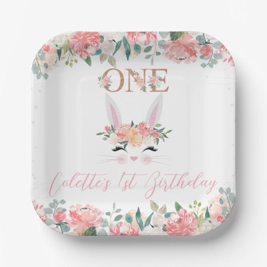 フローラバニー顔ソフバニー1歳の誕生日 ペーパープレート (正面)