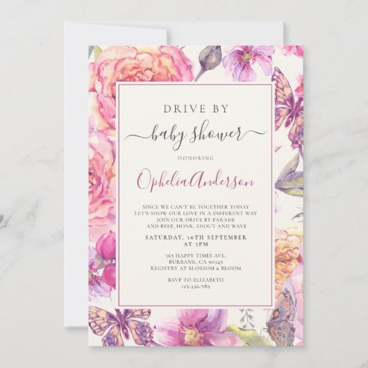 フローラバビースシャワーによるバタフライ駆動 招待状 (正面)