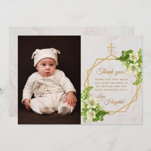 フローラバプテスホワイトリリーマーブルー金ゴールドクロス サンキューカード (正面/裏面)