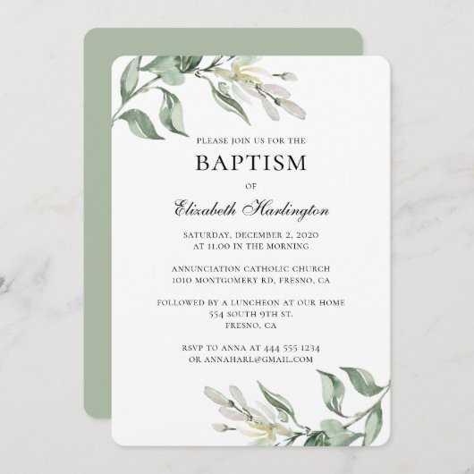 フローラバプテスマの招待。白春の花 招待状 (正面/裏面)