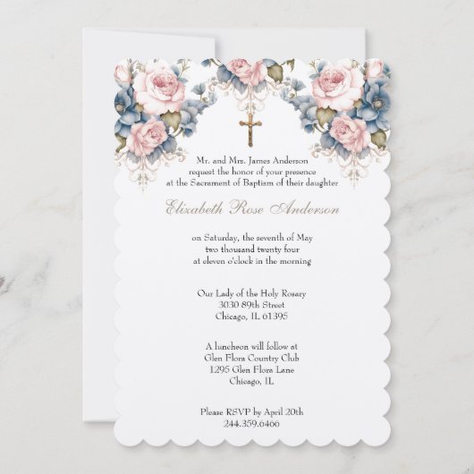 フローラバプテスマベビーフォト聖なる書物、 経典クロス 招待状 (裏面)