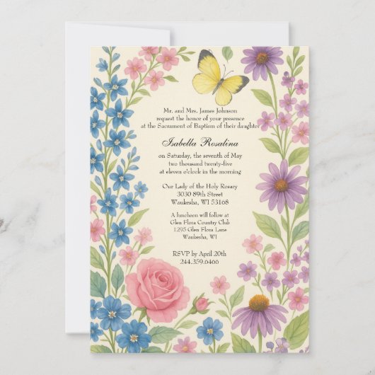 フローラバプテスマ招待状forベビーガールバタフライ 招待状 (正面)