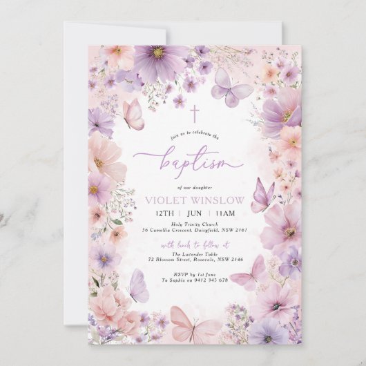フローラバプテスマ《キリスト教》洗礼式や命名式パープルバタフライガール 招待状 (正面)