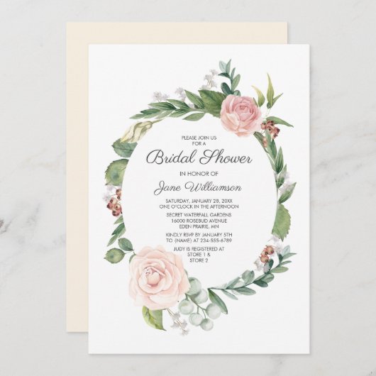 フローラバラと緑のリースブライダルシャワー 招待状 (正面/裏面)