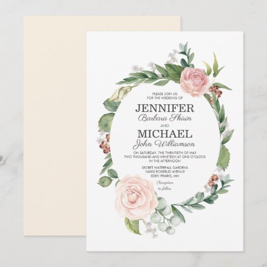 フローラバラと緑のリース結婚式招待状 招待状 (正面/裏面)