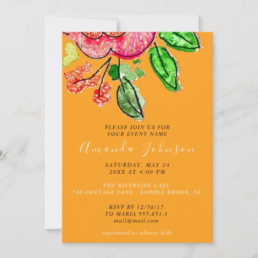 フローラバラオレンジブライダルシャワースウィート16th 招待状 (正面)