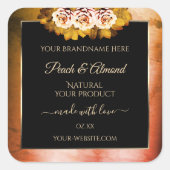 フローラバラオレンジ赤大理石黒製品ラベル スクエアシール (正面)