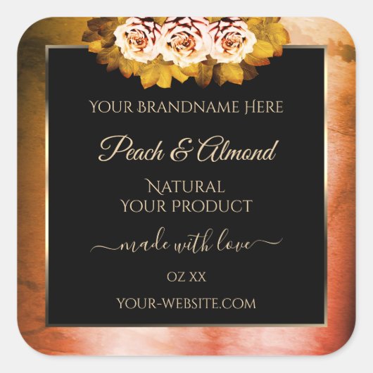 フローラバラオレンジ赤大理石黒製品ラベル スクエアシール (正面)