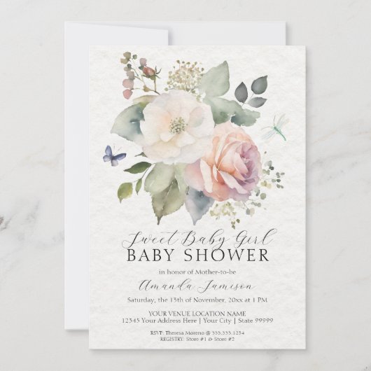 フローラバラコテージガーデンブーケピンクベビーガール 招待状 (正面)