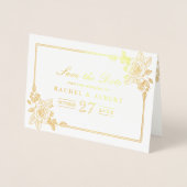 フローラバラゴールドフォイルウェディング日付を保存 箔カード (正面)