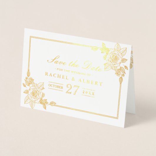 フローラバラゴールドフォイルウェディング日付を保存 箔カード (正面)