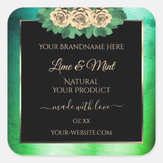 フローラバラティール（緑がかった色）グリーンマーブルブラック製品ラベル スクエアシール (正面)