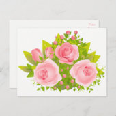 フローラバラピンクと緑の花 – Hello Love ポストカード (正面/裏面)