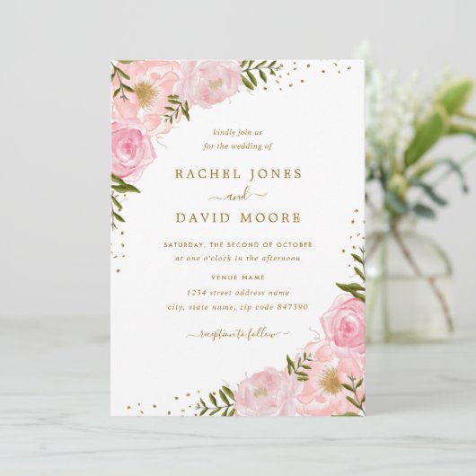 フローラバラピンクの金ゴールド水の色の結婚式の招待 招待状 (スタンド正面)