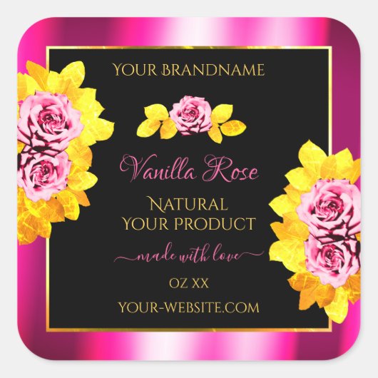 フローラバラピンクブラック製品ラベル金ゴールドフレーム スクエアシール (正面)