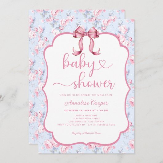 フローラバラピンクボウベビーシャワー招待状 招待状 (正面/裏面)