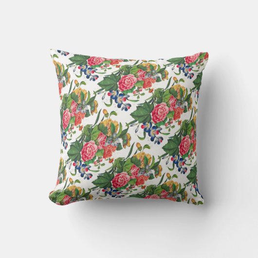 フローラバラピンクヴィンテージ水彩ワイルドフラワー クッション (正面)