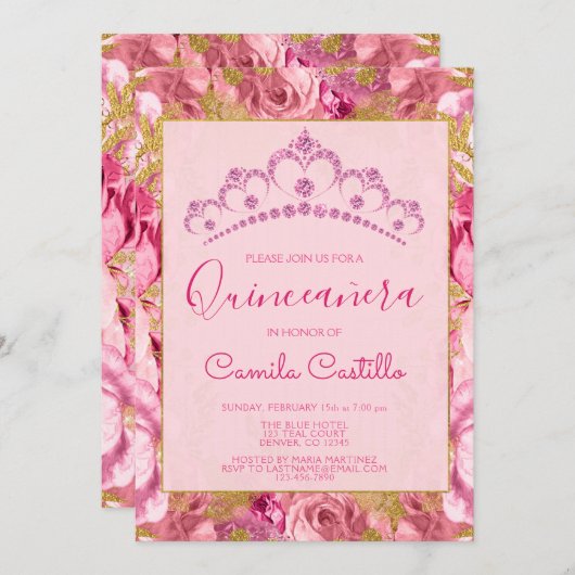 フローラバラピンク花パターンキンセアニェラ 招待状 (正面/裏面)