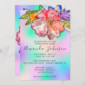 フローラバラブライダルシャワー誕生日ホログラフブルー 招待状 (正面/裏面)