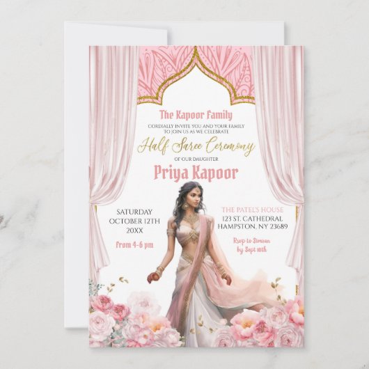 フローラバラブラウンインディアンガールハーフサリー式 招待状 (正面)