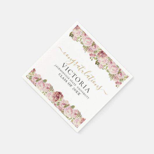 フローラバラブラックと金ゴールドスクリプトの卒業 スタンダードカクテルナプキン (角)