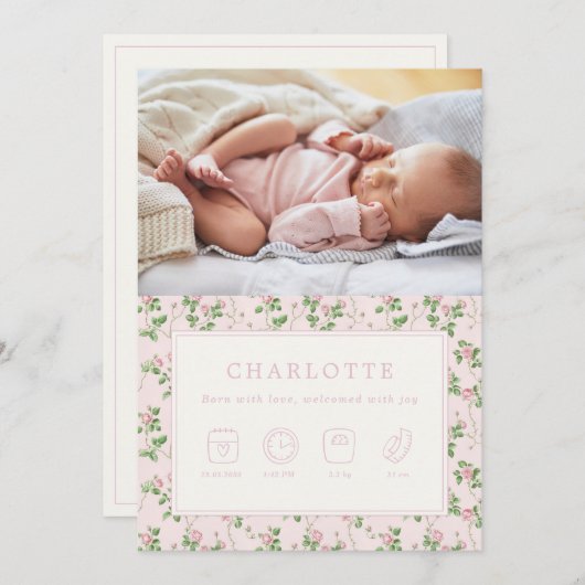 フローラバラベビー誕生写真アナウンスメントカード 招待状 (正面/裏面)