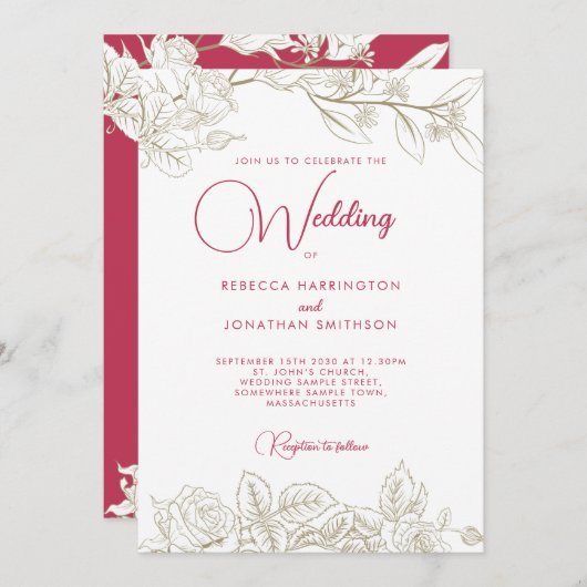 フローラバラマゼンタピンク金ゴールド結婚式招待状 招待状 (正面/裏面)