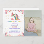 フローラバラユニコーン誕生日招待状w写真 招待状 (正面/裏面)