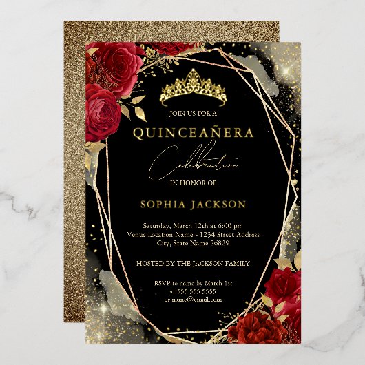 フローラバラレッド金ゴールドティアラキンセアニェラ 箔招待状 (正面/裏面)