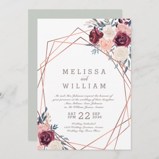 フローラバラ幾何学的ブルゴーニュアイボリー結婚ズ 招待状 (正面/裏面)