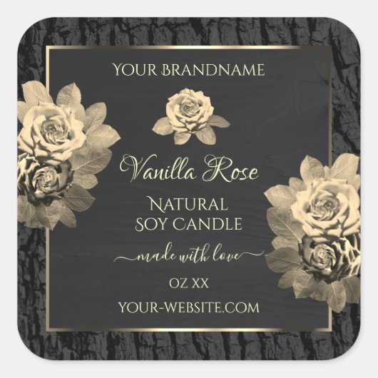 フローラバラ素朴ブラックツリーバーク製品ラベル スクエアシール (正面)