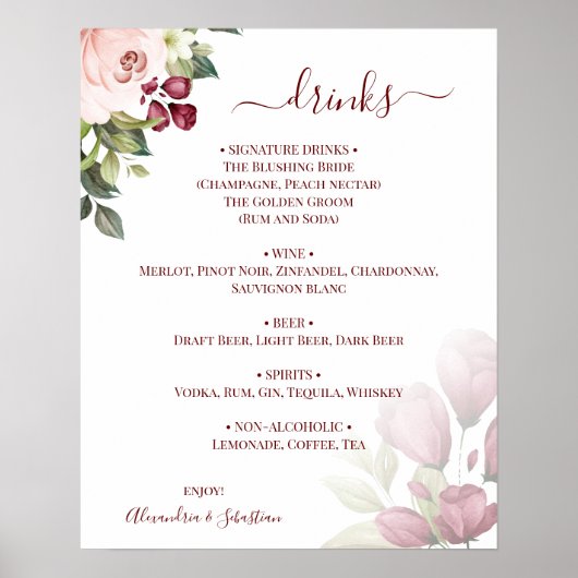 フローラバラ結婚のドリンクのメニュー記号 ポスター (正面)