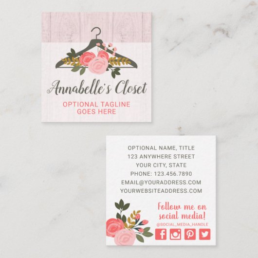 フローラバラ衣料掛けクローゼットファッションブティック スクエア名刺 (正面/裏面)