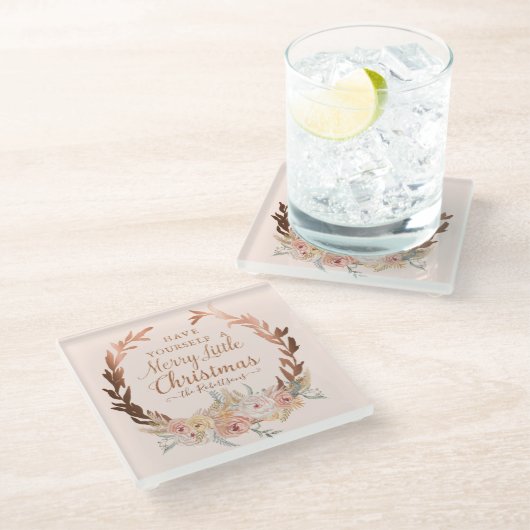 フローラバラ金ゴールドエレガントクリスマス赤面グリッター ガラスコースター (アングル)