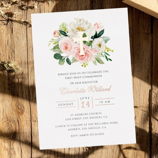 フローラバラ金ゴールドクロスガールズファースト聖餐式 箔招待状