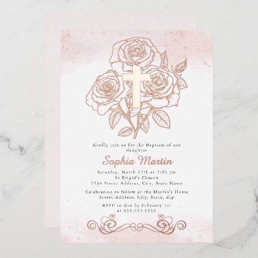 フローラバラ金ゴールドクロスガールピンクバプテスマ 箔招待状 (正面/裏面)